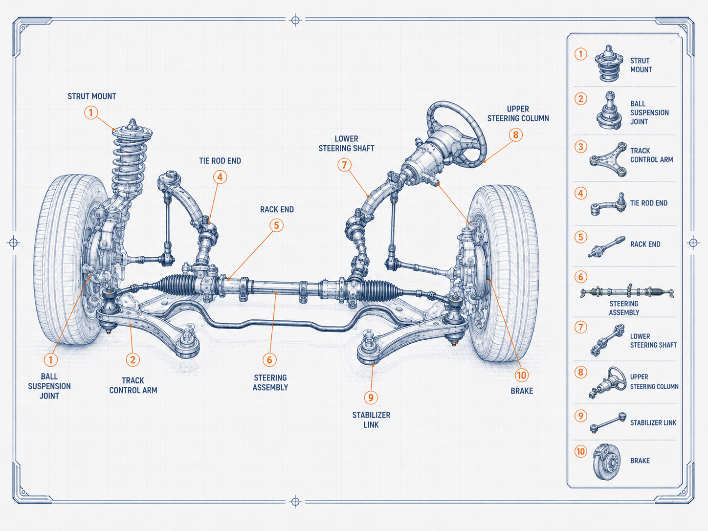 Technical blueprint of a front steering and suspension assembly with numbered callouts for strut mount, ball suspension joint, track control arm, tie rod end, rack end, steering assembly, steering shaft and column, stabilizer link and brake