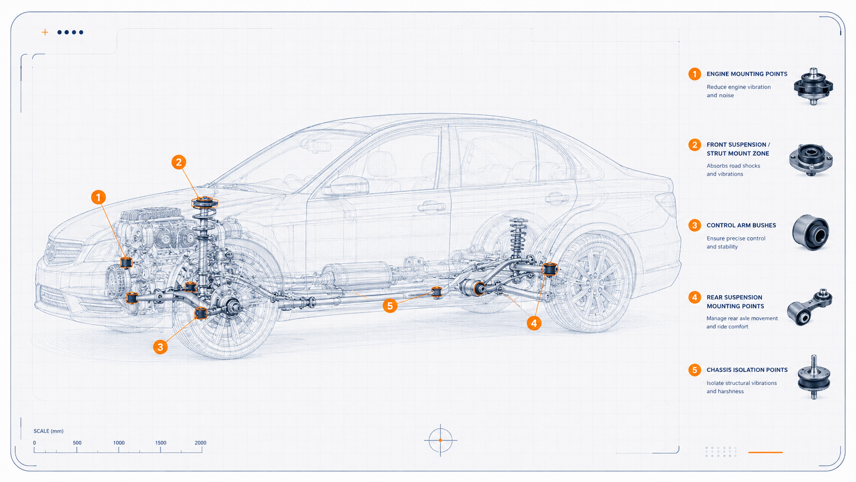Technical blueprint of vehicle chassis with numbered callouts identifying engine mounts, strut mounts, control-arm bushes and chassis isolation points