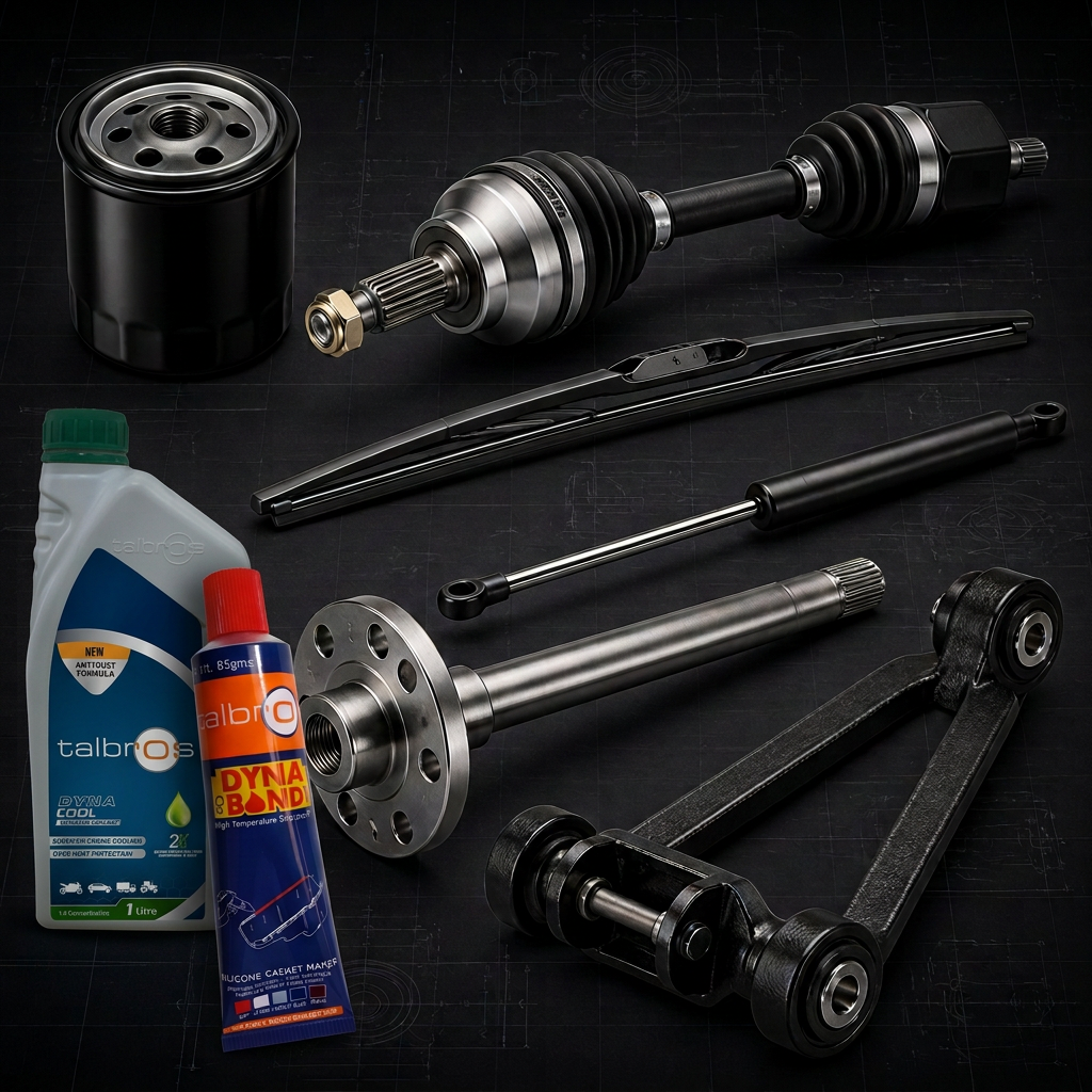 Premium composition of Talbros automotive replacement parts on a technical blueprint background