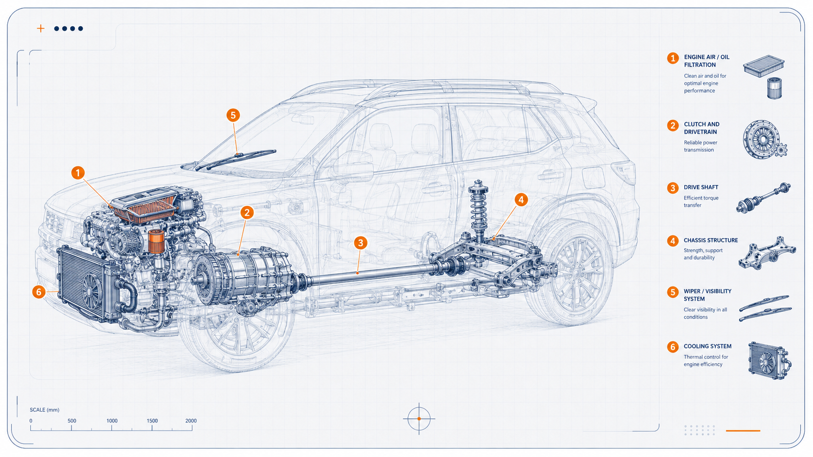 Technical blueprint of a vehicle showing engine air and oil filtration, clutch and drivetrain, drive shaft, chassis structure, wiper and visibility system, and cooling system with numbered callouts