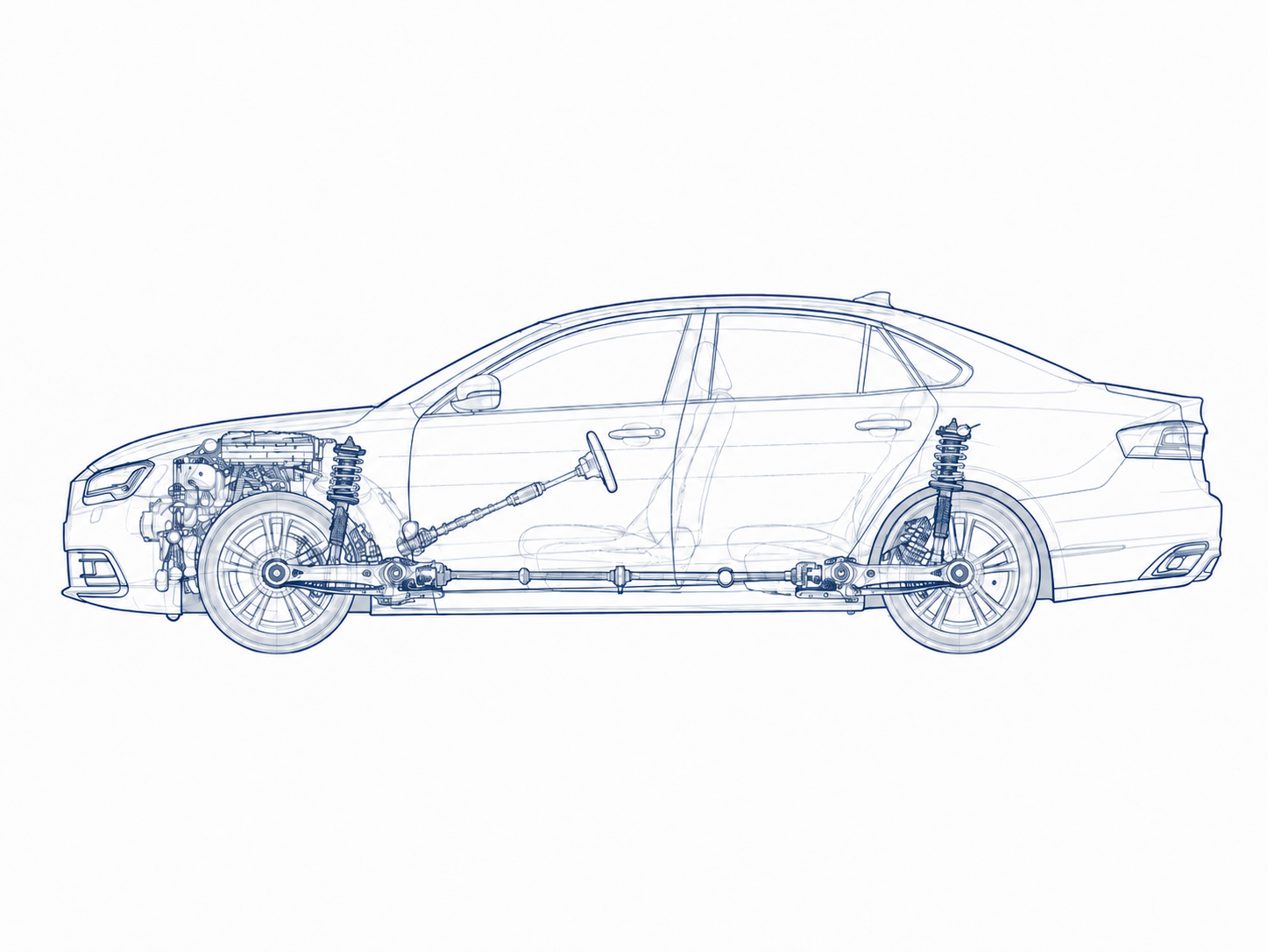 Technical blueprint of a vehicle showing engine, steering and suspension systems