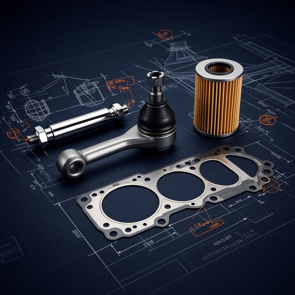Engineering composition of Talbros aftermarket components with CAD blueprint overlay: tie rod end, ball joint, rack end, MLS head gasket and oil filter